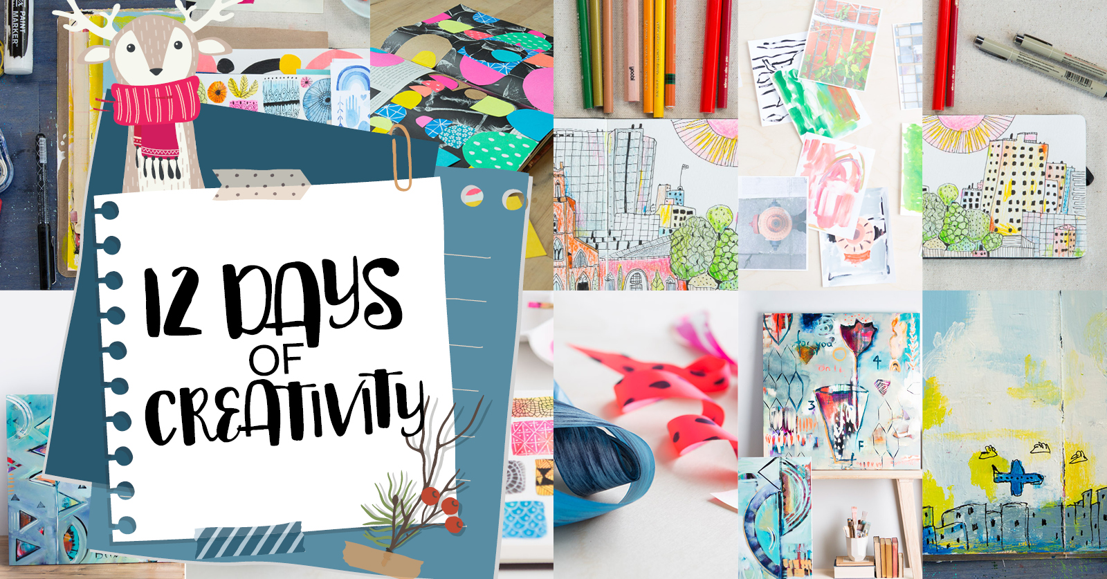 Collage artwork featuring a paper that reads "12 Days of Creativity"