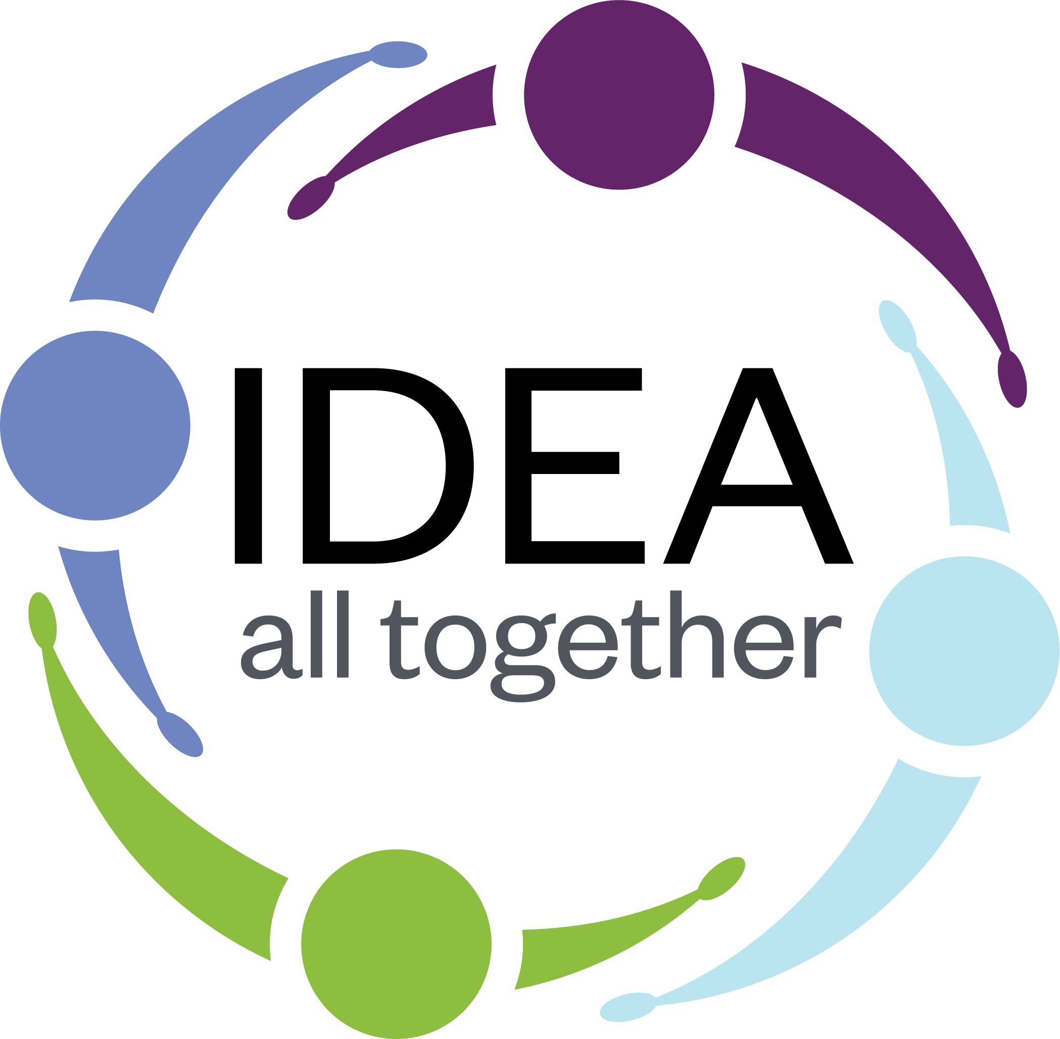 Abstract integration of shapes representing people (silhouettes) in a circle, with the text "IDEA, all together' in the center