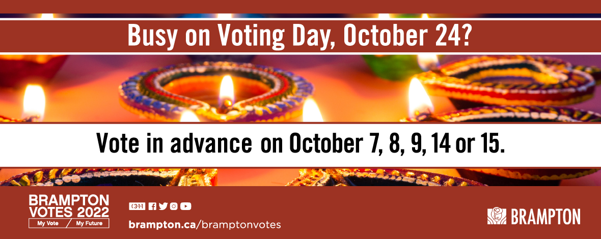 Image of Diwali candles with advance voter information for Brampton city elections.