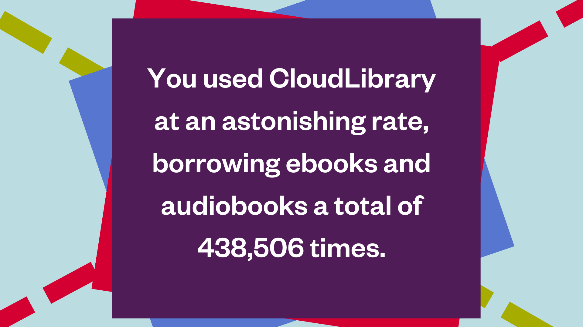 You used CloudLibrary at an astonishing rate, borrowing ebooks and audiobooks a total of 438,506 times. 